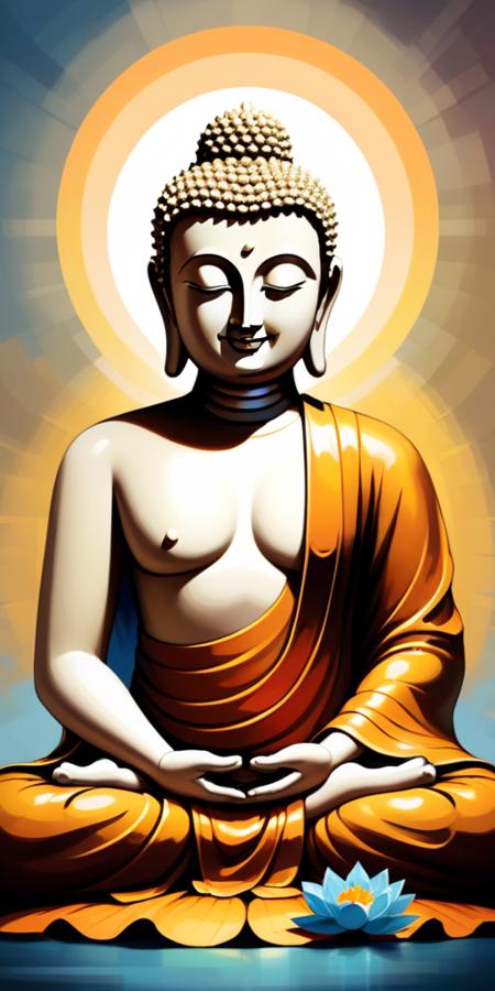 infront view of lord buddha sitting in meditating position with eyes closed and smiling, modern abstract art