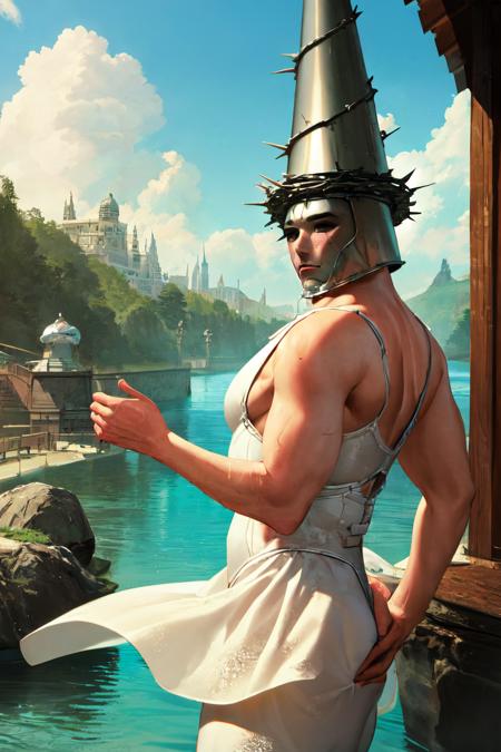 masterpiece, (detailed, highres, best quality), white sundress, 1boy, <lora:sppenitentOne-08:1>, penitentonedef, helmet, stone face, faceless, waterpark, river, from side, male ballerina outfit, leotard