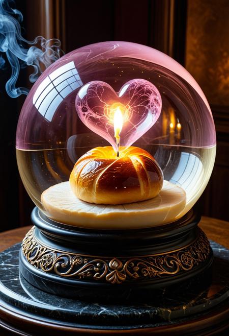 (masterpiece, best quality, highres:1.2), (photorealistic:1.2), (intricate and beautiful:1.2), (detailed light:1.2), (colorful, dynamic angle),
A hyper-realistic close-up of a crystal ball, resting on a weathered blackened pedestal, pedestal made of liquid marble, pedestal is carved with intricate runes, runes glowing faintly in amber, detailed,
BREAK inside the crystal ball, a floating pink heart made of liquid marble, electricity appears to shock the heart from the edges of the crystal ball, with subtle flickers of light illuminating the swirling smoke patterns,
BREAK 1girl, mage, wearing an intricately detailed robe, v-neck robe, no bra, small breasts, holding hands over crystal ball, 
BREAK Background, Dramatic lighting, rolling fog, intense highlights, deep shadowy contrasts, creating a powerful, moody atmosphere, Hyperdetailed textures, glowing ember effects, intricate reflections, in a spooky forest, depth of field
Style: Whimsical, detailed
Main Elements: Baked goods (buns, pastries, bread), imaginative settings
Color Palette: Warm, inviting colors; golden browns, creams, pastel glazes
Lighting: Soft and warm lighting to enhance the cozy atmosphere
Shapes: Realistic yet imaginative forms of baked goods
Details: Rich in detail, showcasing the textures and forms of various pastries
Aesthetic: Fun, charming, and delicious