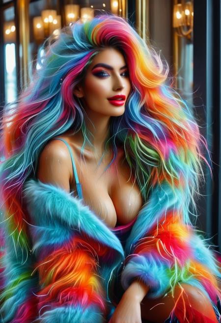 (((Full body photograph including head, body, legs and foot))) of a smiling (beautiful) woman. (Symmetrical face), Long hair with (rainbow colored) strands of hair. ((Ultra fluffy)) (rainbow color)  mohair bra and short pants. (Smoked eye) make up. Bold long (eye liner). (Long fluffy lashes). ((Blue eyes)) and ((red lips)). Smiling and showing white teeth. (Big boobs). (Long boots) over the knee with high heels and (fur trims). Cozy atmosphere. The women staying in front of luxury fashion store and the view is heavy snowing. LaDy_Bloom