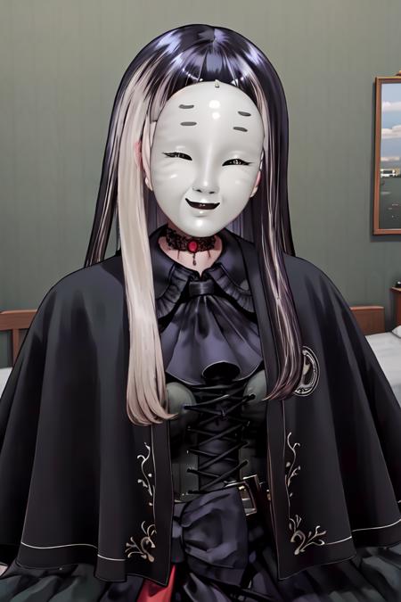 <lora:Raden:0.8>, 1girl, solo, juufuutei raden, black choker, black dress, green corset, black capelet, upper body, face mask, (indoors), (bedroom), (bed)