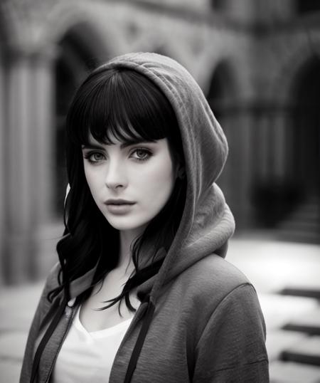 portrait photo, kryst3n, (sharp focus:1.2), attractive young woman, (beautiful face:1.1), detailed eyes, luscious lips, (smokey eye makeup:0.85), she is hoodie, in a (courtyard:1.1). (moody lighting:1.2), depth of field, bokeh, 4K, HDR.
<lyco:KrystenRitterDoguv2:0.96>