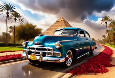 cinematic photo of 1950 Chevrolet Deluxe, magnificent three pyramids of Giza appear clearly, charm, highly detailed car, Professional lighting, full of life, Lively and energetic, 8K, rays of sun flow beyond heavy clouds, HDR, Fast & Furious movie, motion blur, moving tires, Cinematic Shot, Cinematic Lighting, amazing world, pure perfection, Need For Speed, wide angle exterior background, drifting, wet asphalt road, autumn leaves, grass, flowers, jasmine flowers, palm trees, nebula horizon.