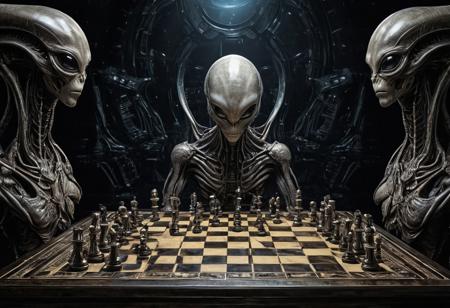 Cosmic chess, 
an interestellar chess game where cosmic elements serve as chess pieces on an astronomical board, 
stargate, 
fire ball and comets as pieces of chess, 
gods playing chess, 
few pieces of chess, 
planets, 
style biomech art, 
by H R Giger, 
alien symmetrical portriat science ai, 
intricate details, 
complex, 
very high contrast, 
sinister energy, 
alien atmosphere, 
dramatic light, 
shiny details, 
concept art, 
very sharp focus, 
intrincate details, 
intricate painstaking attention to detail, 
award winning, 
8k, 
crisp quality, 
hyperrealistic, 
exquisite craftsmanship, 
hdr, 
masterpiece, 
luscious, 
mesmeric, 
dreamy, 
eye-catching, 
dark circles, 
pretty, 
excellent, 
gorgeous, 
adorable, 
classy, 
stunning
