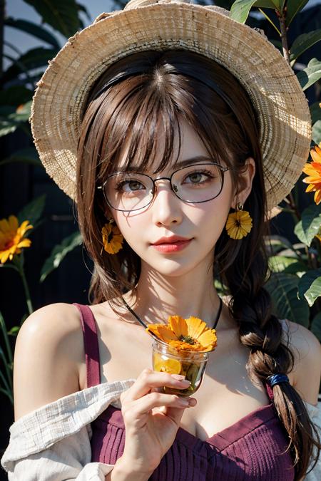 1girl, solo, starfish, seashell, shell, flower, hat, hair ornament, jewelry, straw hat, looking at viewer, sunglasses, hat flower, drinking straw, hairclip, earrings, red flower, tinted eyewear, yellow flower, bangs, english text, multicolored hair, orange flower, black hair, ring, cup, long hair, orange-tinted eyewear, food, brown hair, portrait, shell hair ornament ,<lora:XXMix9_v20LoRa:0.8>