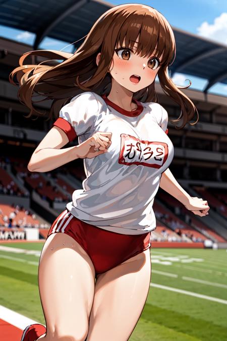 masterpiece, best quality, highres, hmkh1, buruma, short sleeves, white shirt, gym shirt, breasts, <lora:kishinami_hakuno_v1:0.7>, running, stadium, sweat,