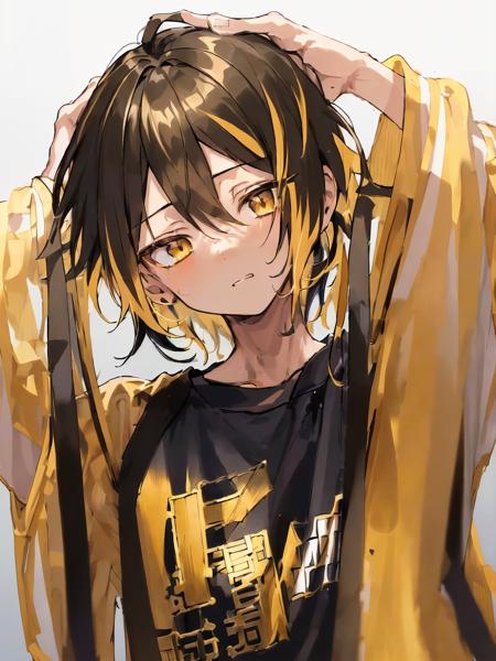 <lora:KenmaKozume:0.65> ,high res, masterpiece,Kenma Kozume, ((1boy,)) ((1man)), black_hair (blonde_hair) looking_to_the_side male_focus multicolored_hair short_hair solo sportswear sweat sweatdrop twitter_username tying_hair upper_body volleyball_uniform  yellow_eyes, complex background