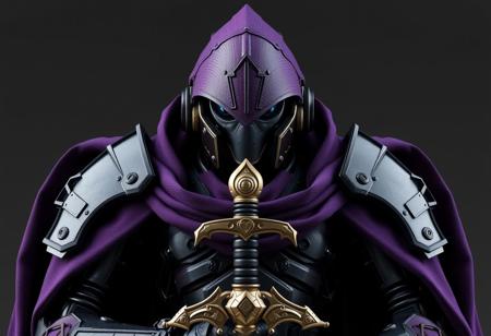 Create a highly detailed, 8k panorama shot of a dieselpunk robot, inspired by Charles Fremont Conner's style, wearing a full-body purple cloak and heavy armor, with a refined face and muzzle, holding a sword. Incorporate dark paint and design elements reminiscent of Alphonse Mucha's art nouveau style, using Unreal Engine. Ensure the image is symmetrical and features the robot in a powerful, warrior-like pose.