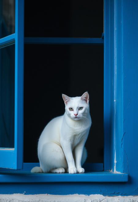 (Soft Lighting Photography by Mimoza Veliu and Mario Giacomelli:1.2), NSFW, a cat sitting besides the window, The window frame painted in a matching blue with subtle metallic highlights, adds depth and balance to the composition. The overall aesthetic is simple yet impactful, emphasizing the contrast between the vivid blue and the clean, soft white of the cat, creating a visually captivating and serene atmosphere, a minimalistic and striking scene.