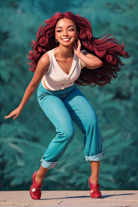 ((((masterpiece, best quality, full-body shot, photorealistic action shot, smiling, closed mouth face expression, complex background)))), African woman with eyes:maroon and hair:teal wearing casual outfit solo focus