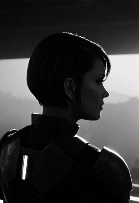 cinematic, ((black and white, monochrome, greyscale)), portrait, medium shot, from behind, solo, of a lonely, Commander Shepard from Mass Effect, masseffectembed, short hair, feminine, weary, wandering, smoke, in a dark studio, foggy. celestial, futuristic, noise, detailed, high quality, cinematic lighting, contrast, heavy dynamic shadows, atmospheric,