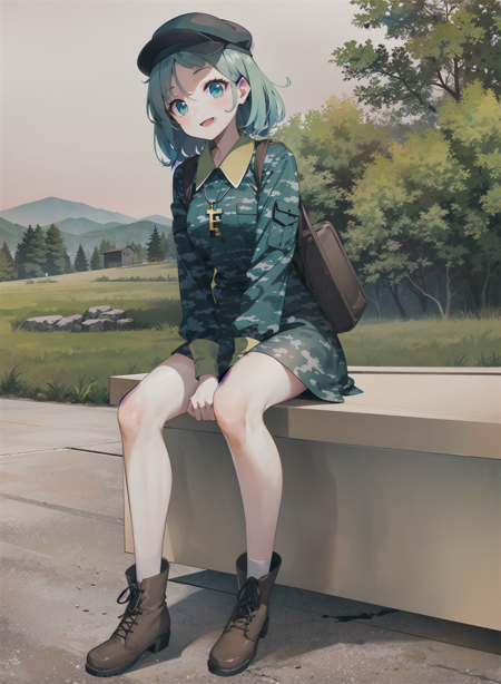 1girl,(full_body:1.2),facing_viewer ,  looking_at_viewers, (solo), sitting,
nature, wind, sunlight, mountain, forest, trees, outdoors,
smile, 
(yamashiro_takane_v10_Test3:1.0), teenage, green_hair, green_eyes, boots, white_socks, green_eyes, miniskirt, (key:1.2), camouflage, camouflage_shirt, camouflage_skirt, (green_camouflage_headwear), box_on_back
