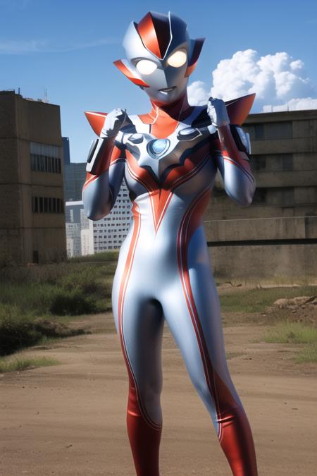 Best quality, masterpiece,
1girl, <lora:Grigio:0.7>, Grigio, ultraman, bodysuit, helmet, solo,
a giant in city, blue sky background,