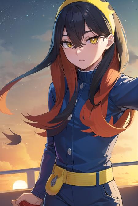 pokemoncarmine, black hair, colored inner hair, crossed bangs, hair between eyes, hairband, long hair, mole, mole under eye, multicolored hair, red hair, sidelocks, two-tone hair, (yellow eyes:1.5), yellow hairband, buttons, long sleeves, jacket, gloves, red gloves, pants, belt, blue pants, blue jacket,