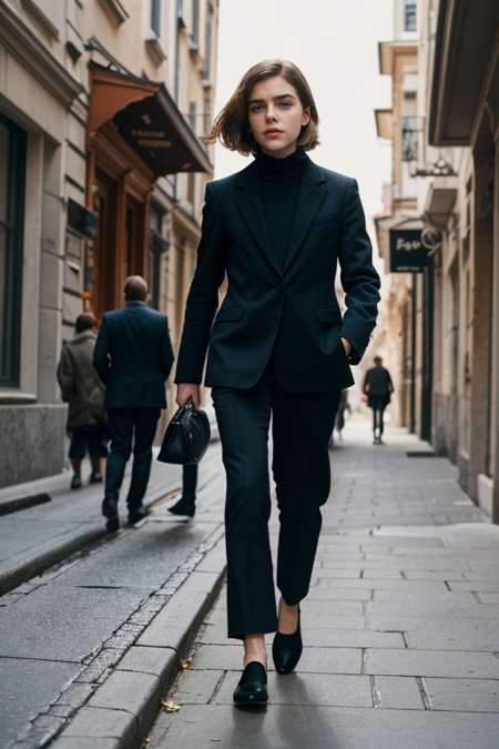 KiernanShipka, (spy agency) photo, (closeup on upper body:1.3), (professional assassin, banker clothing, walking down busy sidewalk, lots of people bustling, European old city, afternoon sweet lighting, high camera angle, long zoom lens medium format camera), in the style of (Mission Impossible, John Le Carre)