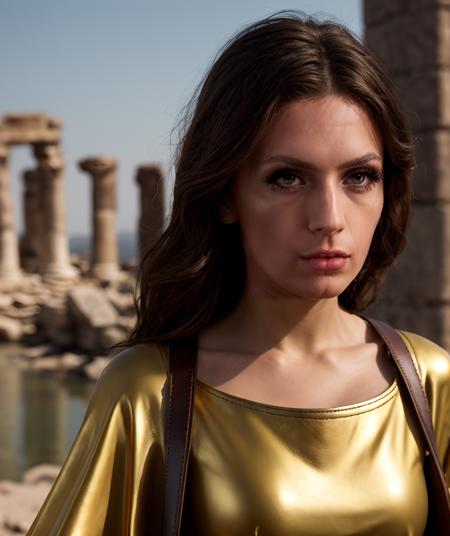 cinematic film still , lens flare, realistic, depth of field, RAW photo,  <lora:quiron_JadeVenus_v2_lora:0.17> JadeVenusQuiron woman,  a woman Dressed in the (style of Abstract Alchemist  leather outfit  Edgy Gold Ancient Roman toga with Leather belt and Handbags) (with Floating Ruins in the background ),  Lying with one hand under the chin,    . shallow depth of field, vignette, highly detailed, high budget Hollywood movie, bokeh, cinemascope, moody, epic, gorgeous, film grain, grainy, skin pores, perfect iris,  perfect eyes,  serious, portrait, linkedin, grey background,