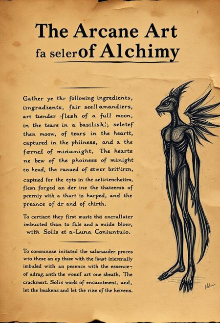 A old brown paper with the title "The Arcane Art of Alchemy" with lots of mathematical equations to the right side is a rough charcoal scetch of a man without legs and to the left is the following text
Gather ye the following ingredients, fair seeker of knowledge: the tender flesh of a salamander, steeped in the dew of a full moon; the tears of a basilisk, captured in the stillness of midnight; and the heart of a phoenix, forged in the crucible of rebirth. To commence the alchemical process, one must first ignite the salamander's flesh with a flame imbued with the essence of a dragon's breath. As it crackles and burns, chant the words of enchantment, Solis et Lunae Coniunctio, and let the smoke rise to the heavens.