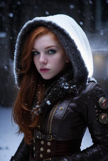 ginger, Artistic Portrait 18yo beautiful woman, perfect nose, perfect face, perfect, gorgerous, slim girl , Caucasian, white skin, white eyes,  snowstorm,  snow, wind, blizzard, light theme, steampunk outfit, black eyeliner, cinematic light, Night Photography, Light Beans, dramatic light, intricate details <lora:ginger_v03:0.6> <lora:steampunkengis_ss13_mech:1>