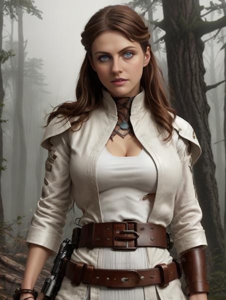 action pose, a beautiful woman <lora:AlexandraDaddarioV2:1.0>, beautiful blue eyes, detailed iris, chestnut hair, full body portrait, medium breasts, wearing white jedi robes with leather belt, star wars, forest endor background, model shoot style, intricate, elegant, skin details, realism, cinematic, photo realistic,