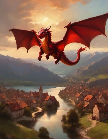 red dragon flying over medieval village distant lake and mountains late day romantic sunlight