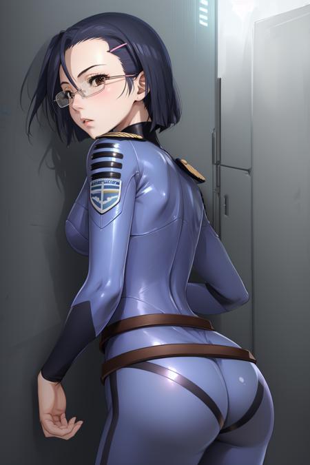 (masterpiece, best quality:1.2), <lyco:spacebattleship_niimi-11:1.0>, solo, 1girl, niimi kaoru, expressionless, closed mouth, looking back, hairclip, glasses, bodysuit, uniform, belt