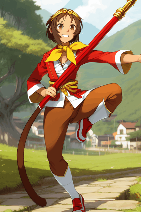 nice hands, perfect hands, SonSon, monkey girl, brown monkey tail, short hair, gold circlet, yellow ascot, brown pants, white socks, red chinese shoes, red tangzhuang, smile, brown eyes, smile, dynamic pose, village scenery, red staff