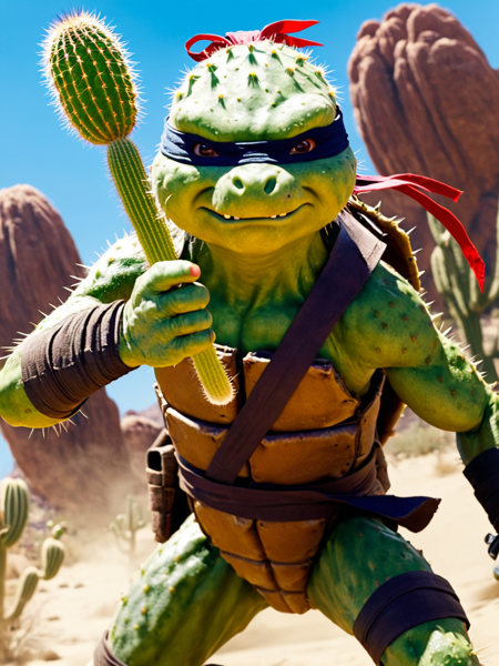 teenage mutant ninja cactuses, epic action-packed cinematic shot, big budget blockbuster