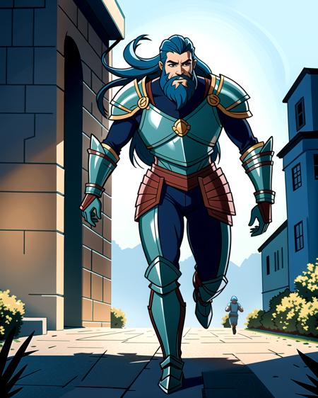 ((masterpiece), best quality, high quality, professional quality, highly detailed, highres, perfect lighting, natural lighting), (1boy, slender, handsome, long beard, long hair, blue hair), wearing armor, running, in a fantasy town