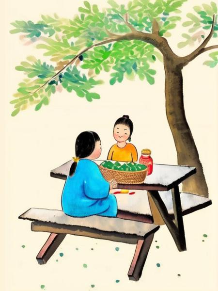 ((masterpiece:1.4,best quality)) picture book, a man and woman sitting at a table with a picnic table in front of a tree and a dog, children drawing, black stroke outline , ink texture,  pencil drawing, chinese village scene <lora:picture_book-000001:0.8>