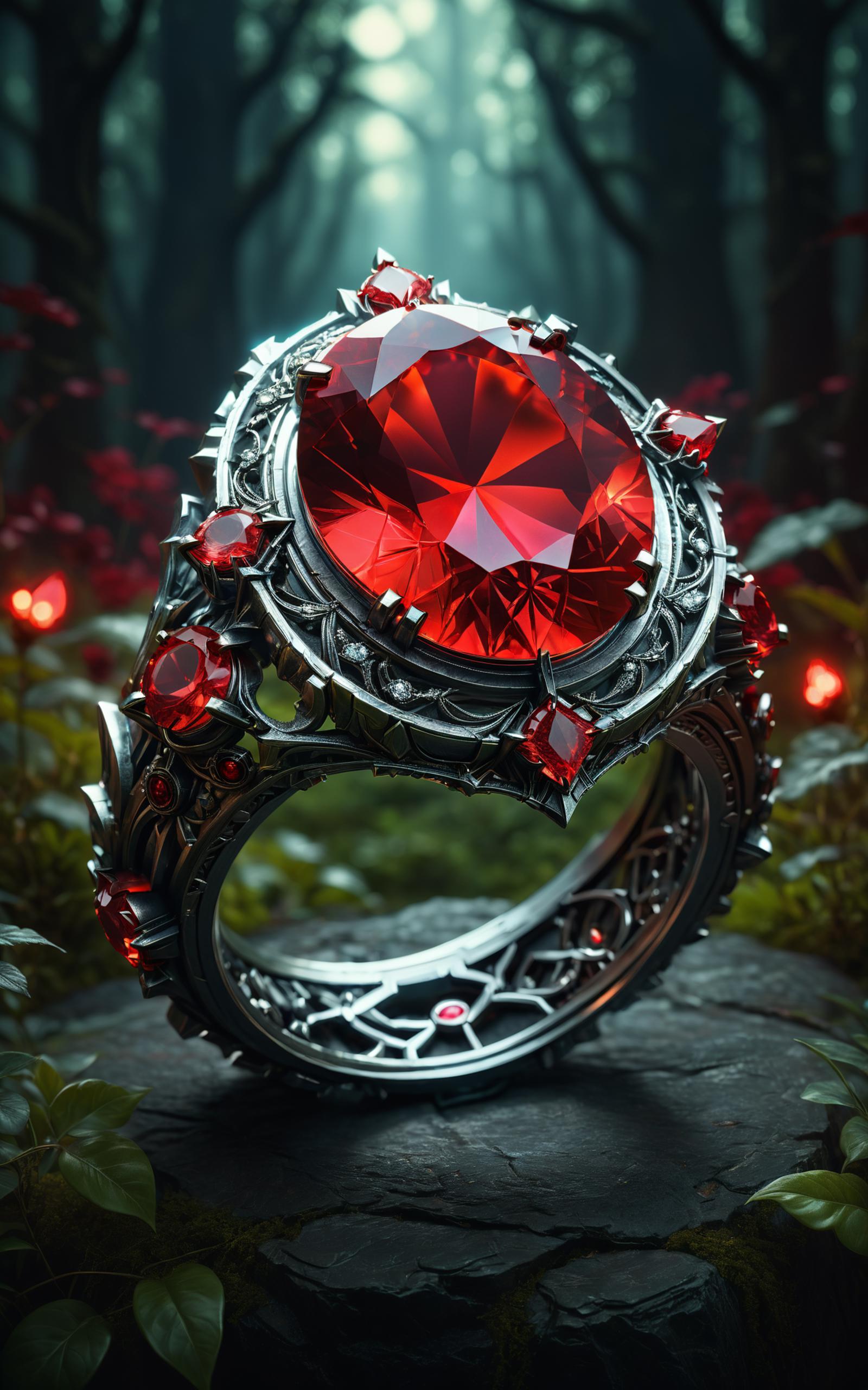 A Large Red Gemstone Ring with Metal and Glass Elements.