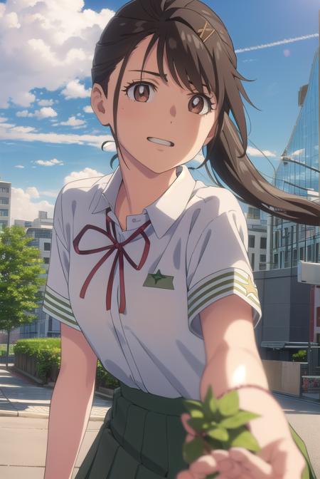 suzumeiwato, <lyco:suzume iwato movie-lyco-nochekaiser:1>,
suzume iwato, long hair, black hair, hair ornament, (brown eyes:1.5), hairclip, ponytail, smile,
BREAK skirt, shirt, ribbon, school uniform, white shirt, red ribbon, green skirt, long skirt,
BREAK outdoors, sky, day, cloud, sun,
BREAK looking at viewer, (cowboy shot:1.5),
BREAK <lyco:GoodHands-beta2:1>, (masterpiece:1.2), best quality, high resolution, unity 8k wallpaper, (illustration:0.8), (beautiful detailed eyes:1.6), extremely detailed face, perfect lighting, extremely detailed CG, (perfect hands, perfect anatomy),