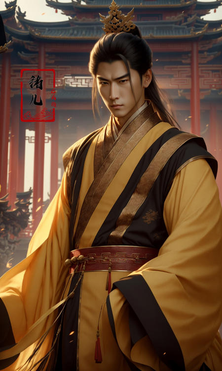 Epic CG masterpiece, A Chinese Tang dynasty emperor,by guopei Wuxia,handsome, MAX Masculinity, straight crown, golden Taoist robe, palace background, Tang dynasty, royal, dynamic poses, stunning colors, 3D rendering, surrealism, cinematic lighting effects, realism, 00 renderer, super realistic,
<lora:~Q?-vY*[Proyal:0.9>