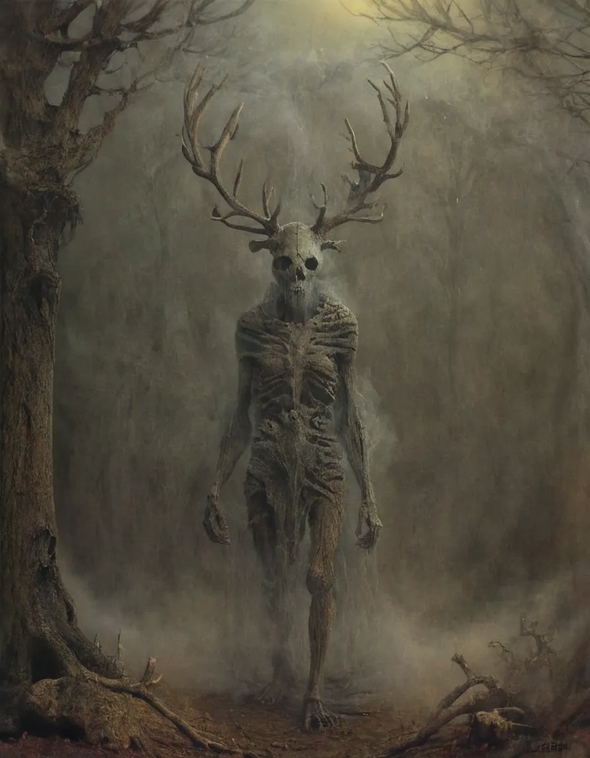 A skeletal figure with antlers in a murky forest.