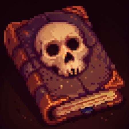 black skull symbol,magic,book
pixel,pixel art,pixelart,Simple background, solid color background,no humans, 
 <lora:pixel book:1>, masterpiece,best,quality