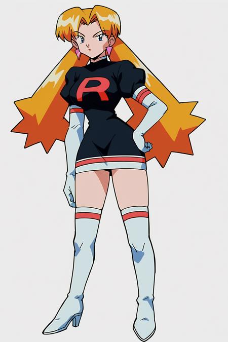 Cassidypokemon black dress, logo, team rocket, elbow gloves, white gloves, thigh boots, white footwear green apron, white shirt, black skirt Newstyle Oldstyle, retro artstyle