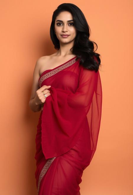 This photograph features a woman standing against a plain, warm-toned background, with her body angled slightly to the side. She is wearing a deep red, sheer saree that drapes elegantly over her body, revealing the outline of her medium-sized breasts through the fabric. The saree is adorned with intricate, golden embroidery near the chest area, adding a touch of elegance to the garment. Her left hand, adorned with a delicate ring, gently holds the saree's pleats, while her right arm is bent at the elbow, the hand resting against her side. The woman has light-brown skin and wavy, dark hair cascading over her left shoulder, hourglass body, wide hips. The lighting is soft and warm, casting gentle shadows that enhance the texture of the saree fabric and the subtle curves of her body. her eyes are deep dark, a little smirk in face.