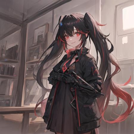 1girl, masterpiece, highest quality, best quality, , highly detailed, best illustration, glowing hair, ray tracing,  <lora:Lucia-3:0.5>, Lucia, Twintails,black hair, multicolored hair, open jacket, black jacket, black dress,  red eyes, mechanical arms,smile, necktie, holding sword, sword, looking at viewer