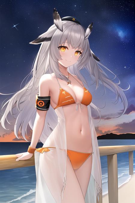 masterpiece, best quality, highres, solo, {night:1.10}, {starry sky:1.10}, beach, beautiful detailed sky, {extremely detailed background:1.20}, mature, {ptilopsis_arknights:1.10}, bangs, owl_ears, white_hair, long_hair, yellow_eyes, orange_eyes, armband, holding, closed_mouth, grey_hair, breasts, feather_hair, medium_hair, {standing:1.10}, looking at viewer, {bikini:1.30}, light smile