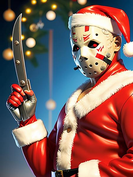 medium full shot, pt3jasonvoorhees-2250, dressed in Santa outfit, on the night before Christmas, photorealistic, masterpiece