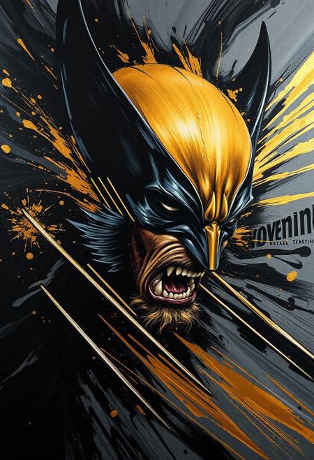 A hyper-stylistic, extremely detailed image depicts a breathtaking painting, crafted from a combination of smeared black and gold metallic paint. Wolverine from x-men is captured in a streaked motion, as if it is moving rapidly in one direction. The black paint is applied in bold, dynamic strokes, creating a sense of energy and movement that is contrasted beautifully by the golden accents. The gold paint is used to highlight the Wolverine's features, adding a sense of depth and dimensionality to the image. The overall effect is one of breathtaking, surreal dynamism, as if the viewer has captured a fleeting moment in time. Every detail of the image is meticulously crafted, from the delicate, swirling patterns of the gold paint to the intricate, textured patterns of the black paint. The contrasts between light and dark, color and texture, create a sense of tension and energy that draws the viewer in, inviting them to explore the kinetic world of the painting. highest-Quality, intricate details, visually stunning, Masterpiece
