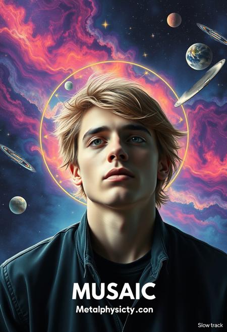 high quality design aesthetics, Seventies Psychedelic 70's space album cover, dynamic, colourful, slow track, melancholic, young white man, artist name "MUSAIC",  melancholic, album title "Metaphysical Mind"