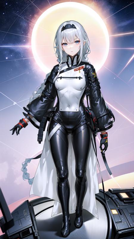 1girl, solo, long hair, grey eyes, breasts, hairband, black gloves, full body, black shoes, boots, white hair, braid, bangs, gloves, small breasts, black hairband, <lora:ChenxingSnowbreakV1.00.7>, chenxing, night sky, dark, stars, starry sky, milky way, lights, light particles, fairy, upper body, close up, (sexy, hot, nswf:1.2)