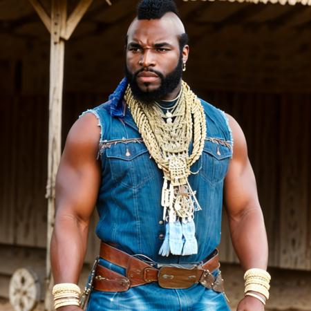 a man as a cowboy on a farm, full body,  Highly detailed, masterpiece, best quality, photorealistic,  <lora:MrTLora:0.8> male focus, realistic, dark skin, facial hair, beard, black hair, manly, mohawk, bracelet, serious