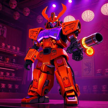 "Ultra-detailed 3D render of Superheavy Samurai Commander Shanawo, a towering mechanoid with a massive kabuto-style helmet glowing in vibrant tangerine and neon violet armor. Its compact torso features intricate Edo-period engravings, while the right arm mounts a colossal plasma cannon with glowing energy coils. Standing in a dynamic iaijutsu stance on the stage of the Abyss Playhouse - Fantastic Theater, surrounded by floating kabuki masks and shelves of retro mecha models. The theater boasts neon-lit proscenium arches, holographic cherry blossoms, and velvet curtains embroidered with circuit patterns. Dramatic Dutch angle shot with Unreal Engine 5 realism, Octane Render textures, and Raphael-style chiaroscuro lighting. Metallic surfaces reflect holographic spotlights, while splash ink effects blend with cel-shaded accents for a retro-futuristic aesthetic. 8K resolution, hyper-detailed facial sensors, ArtStation-trending composition, golden ratio framing, dominated by electric orange and royal purple with chromatic distortion flares."