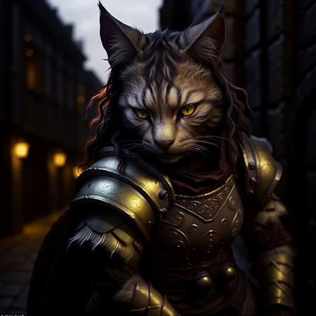 <lora:RPGTabaxi:1.0> tabaxi:1.2, yellow eyes, dark fur, solo, looking at viewer, armor, blurry, blurry background, realistic:1.3, medieval alley