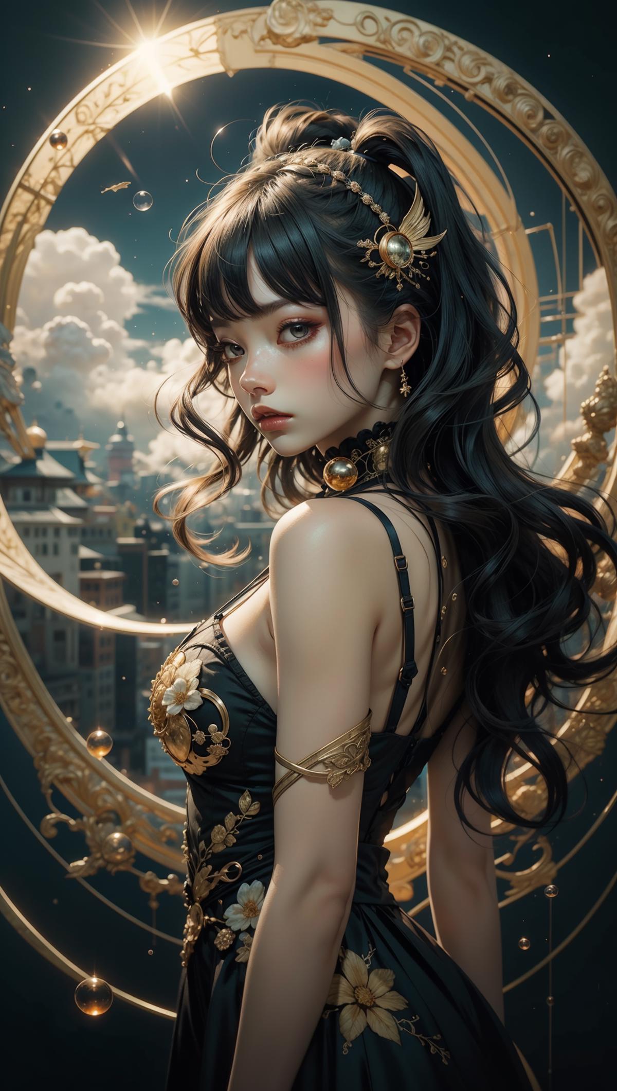 Anime-style portrait of a woman with black hair and a gold headband.