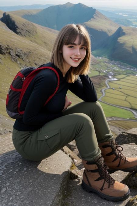 ((raw photo)),
Evie 22 years old, beautiful face, fashion model face, huge boobs, hiking jacket, black tee, cargo pants, walking boots, blonde hair, messy bob cut, bangs, green eyes, close up, tanned skin, full body shot, shy smile, sitting on rock high on mount Snowdon.