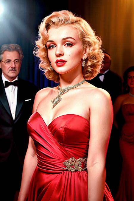 a face picture of MarilynM_T_v1-600 as movie star, modelshoot style, (extremely detailed CG unity 8k wallpaper), Intricate, High Detail, Sharp focus, dramatic, photorealistic painting art by midjourney and greg rutkowski, (waist chain), ((movie premiere gala)), ((standing on the red carpet)), ((paparazzi in the background)), (looking at viewer), (detailed pupils:1.2), (elegant red dress:1.2)