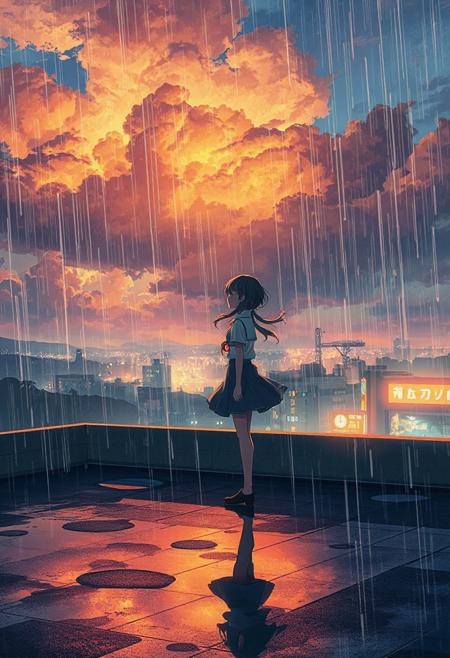 Vertical 9:16 cinematic anime scene, high-detail 4K, in the style of “Weathering with You” key art: a lone girl in school uniform standing on a rain-soaked rooftop at twilight, her hair and skirt caught by a gentle breeze; glowing city lights below reflected in puddles; soft watercolor clouds drifting overhead, tinged with warm orange and deep indigo; shafts of sunlight breaking through rain clouds casting luminous beams; delicate lens flare accents and subtle film grain; emotional, hopeful atmosphere with a hint of magic; hyper-detailed textures on wet surfaces and gentle parallax motion in clouds and distant neon signs