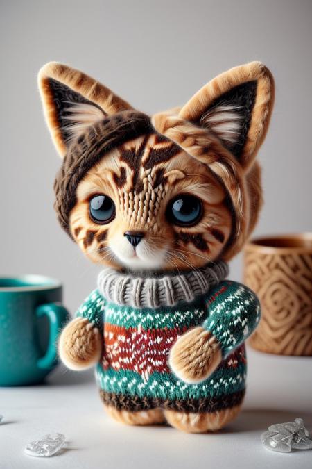 cute, plush toy, christmassweater, cat, orange fur, outside, snow, forest, snowing, blue sky